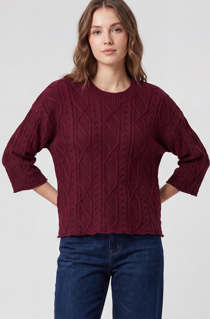3/4 Sleeve Cable Sweater Top
