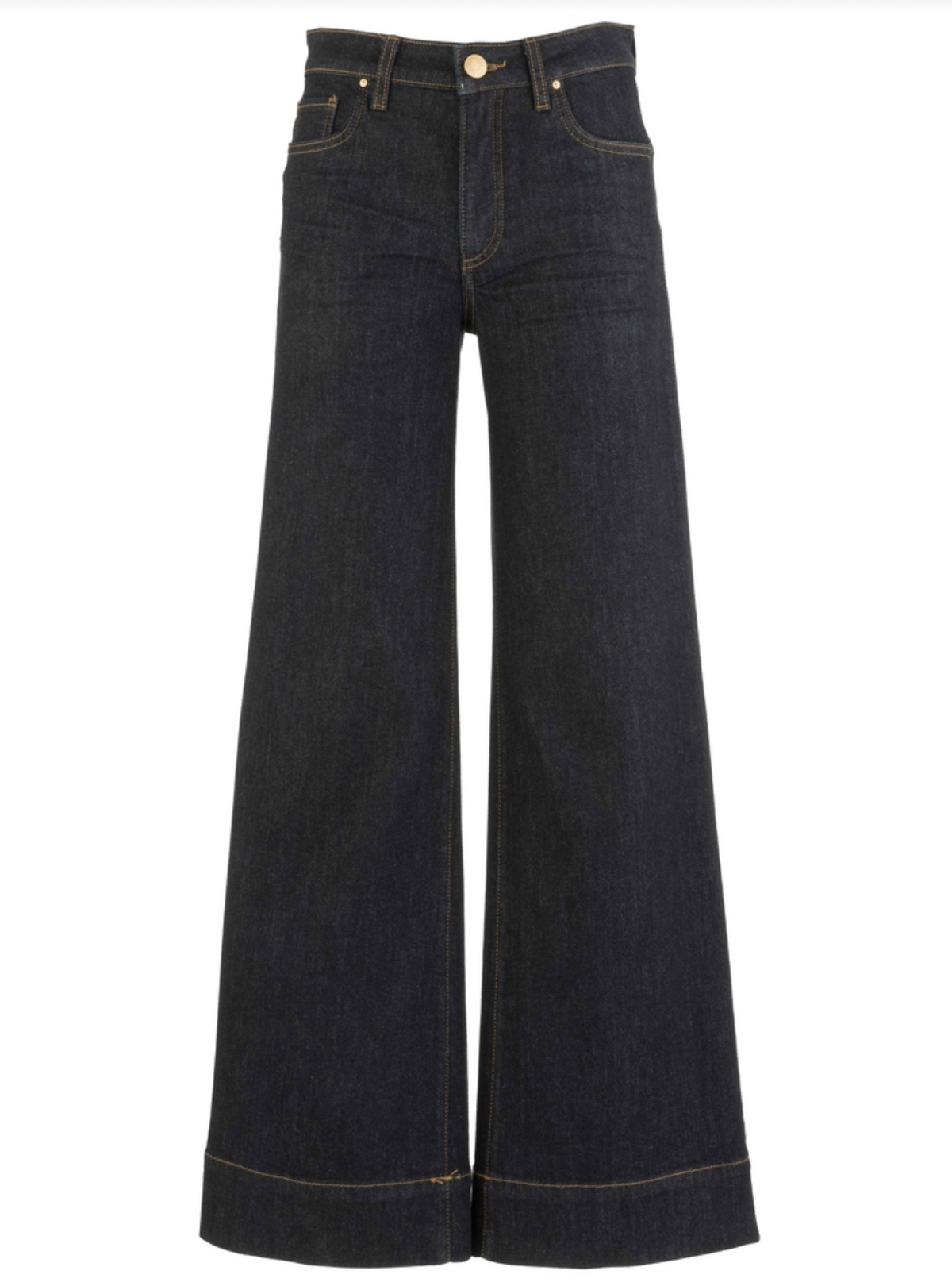 Kut Maya dark wash wide-leg denim pants with a rolled hem and classic five-pocket design, shown flat against a white background.