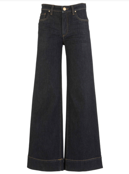 Kut Maya dark wash wide-leg denim pants with a rolled hem and classic five-pocket design, shown flat against a white background.