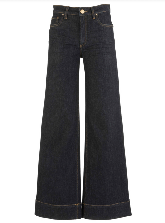 Kut Maya dark wash wide-leg denim pants with a rolled hem and classic five-pocket design, shown flat against a white background.