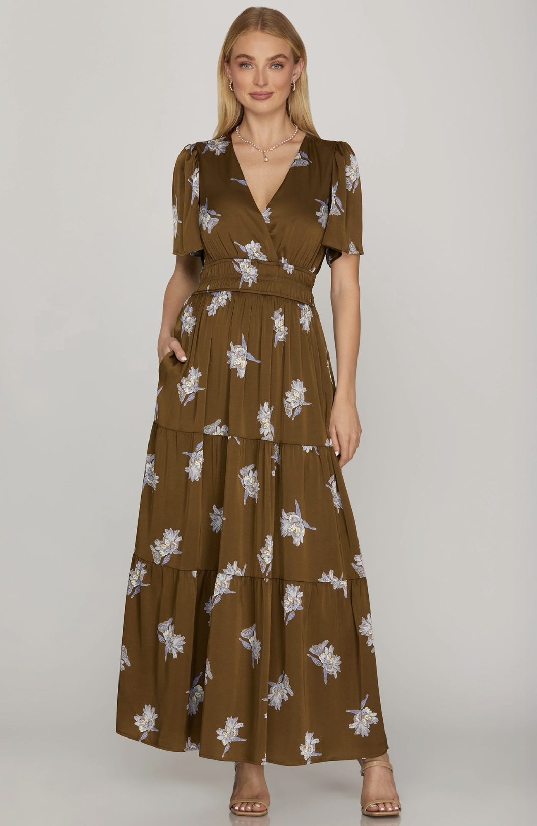 Floral Satin Print Tiered Maxi Dress