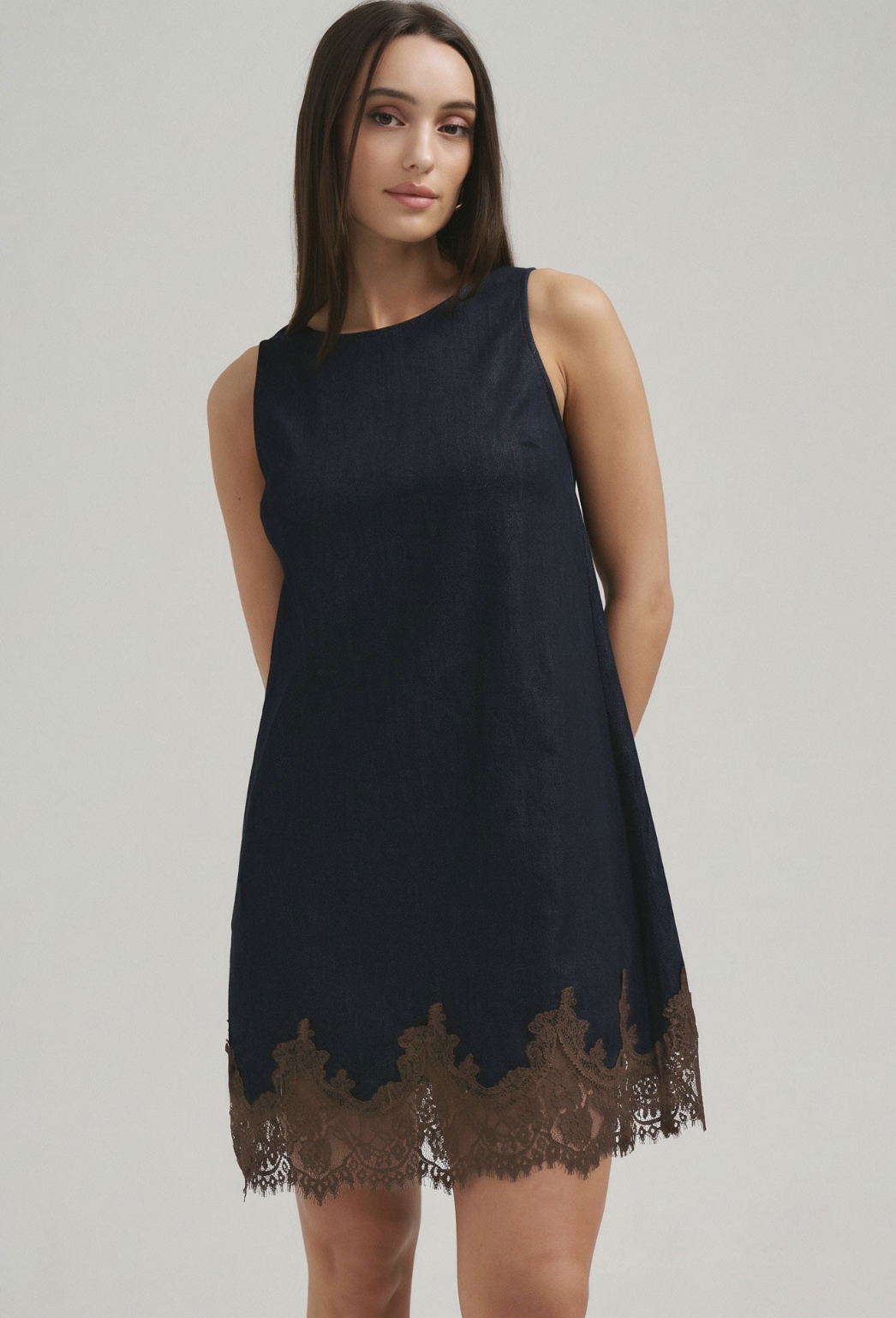Lace Trimmed Denim Mini Dress