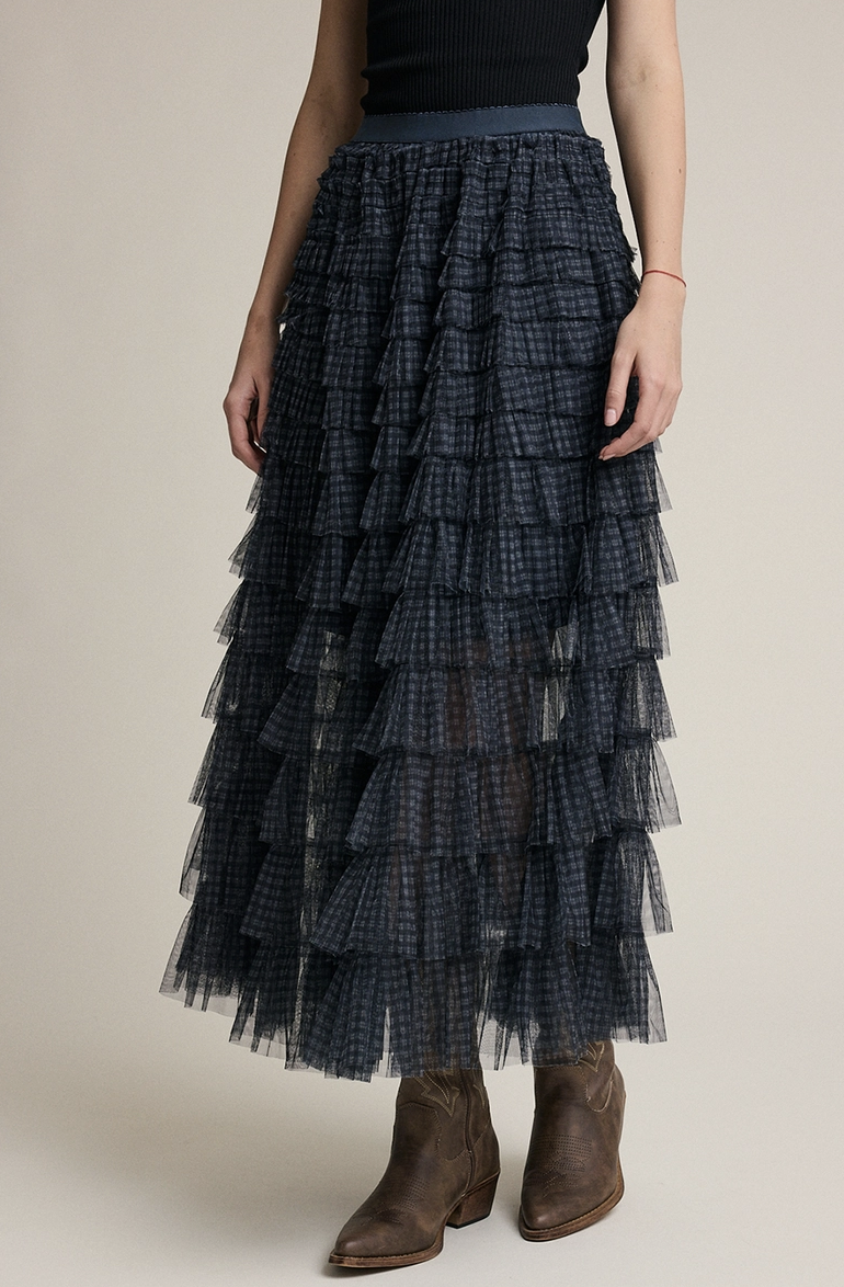Plaid Mesh Ruffle Maxi Skirt