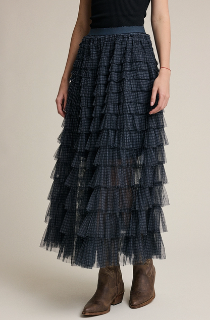 Plaid Mesh Ruffle Maxi Skirt