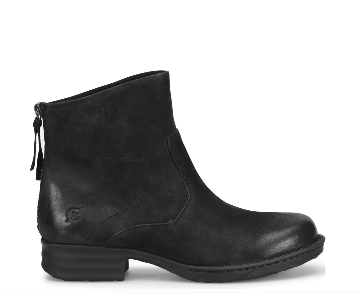 A Born Mercado black leather ankle boot with a side zipper, shown in a side profile view against a plain white background.