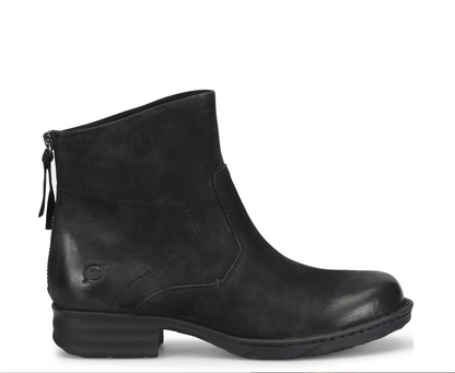 A Born Mercado black leather ankle boot with a side zipper, shown in a side profile view against a plain white background.