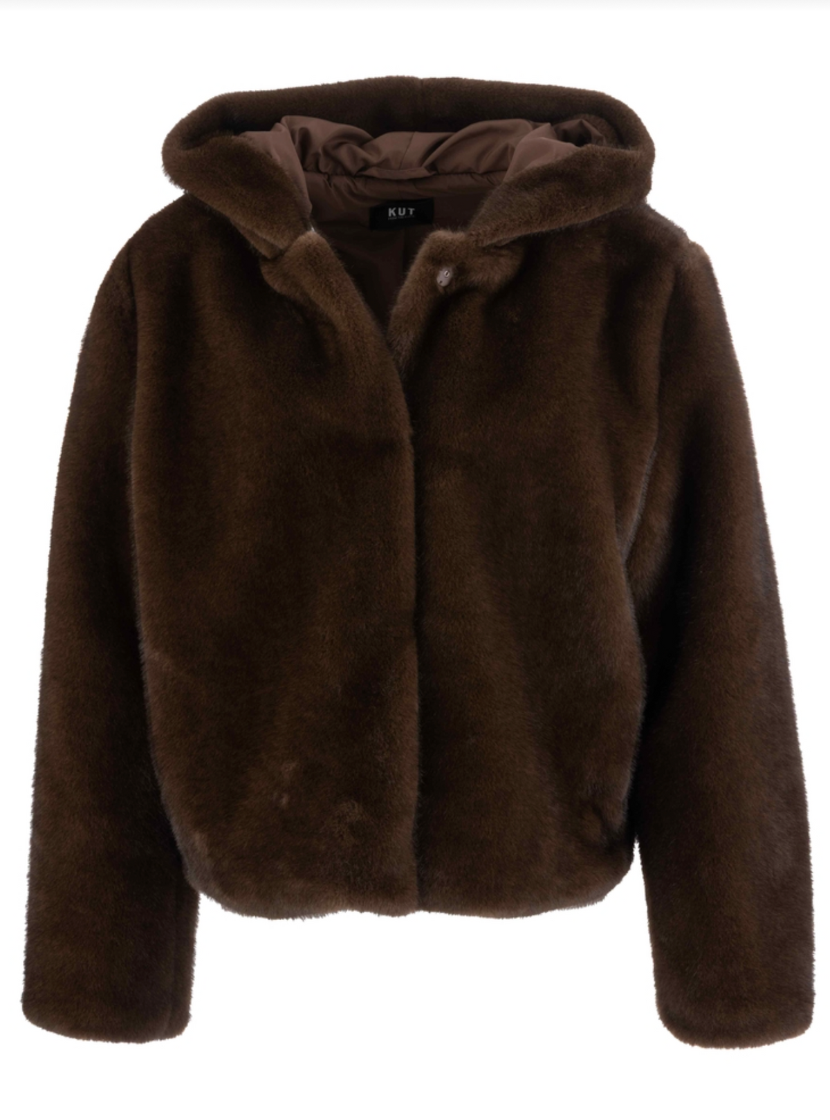 A Kut dark brown faux fur hooded jacket with a soft plush texture, shown against a plain white background. The brand name 'KUT' is visible on the inner neck label.
