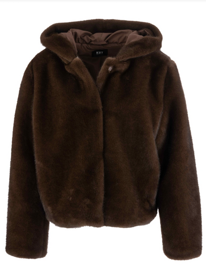 A Kut dark brown faux fur hooded jacket with a soft plush texture, shown against a plain white background. The brand name 'KUT' is visible on the inner neck label.