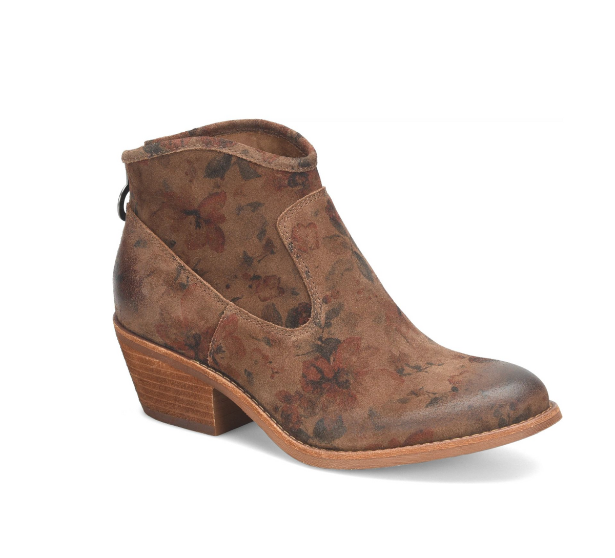A Sofft Aisley brown suede ankle boot with a distressed floral print, a low stacked wood-look heel, and a side zipper, shown on a white background.