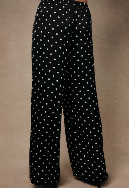 unday Edition black satin with white polka dot wide‑leg pants with pull‑on waistband.