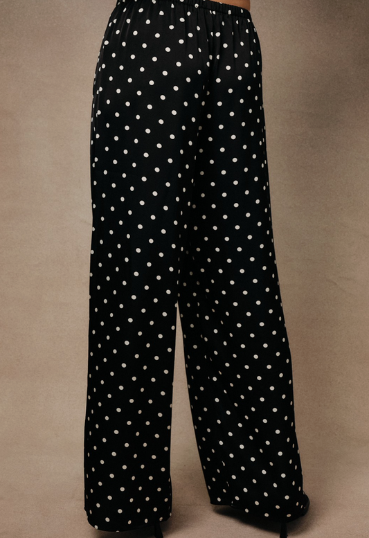unday Edition black satin with white polka dot wide‑leg pants with pull‑on waistband.