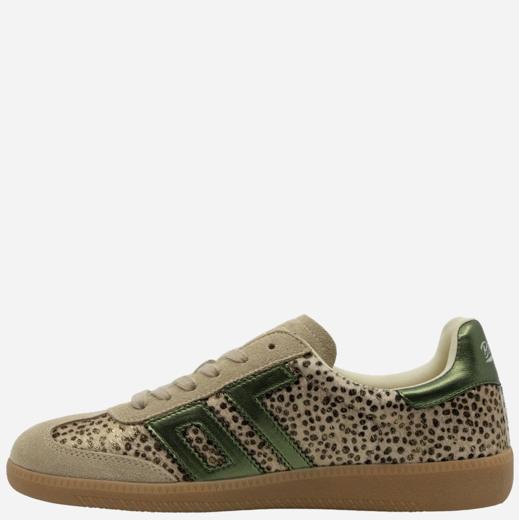 A low-top Back 70 sneaker featuring a beige suede base, a beige and black leopard print pattern on the side panels, olive green leather stripes, and a gum sole, shown against a plain light gray background.