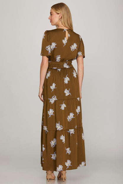Floral Satin Print Tiered Maxi Dress