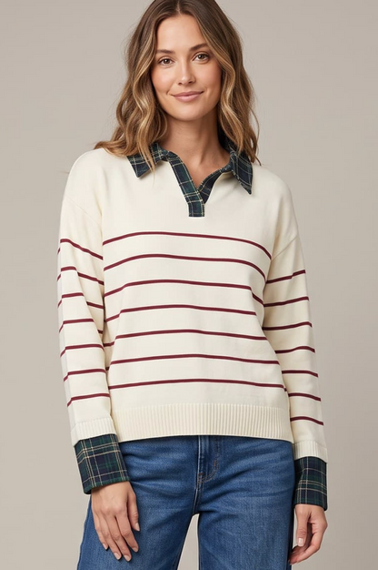 Plaid Collared Striped Sweater