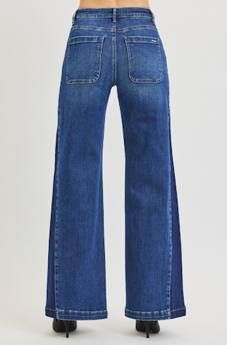 High Rise Wide Leg Contrast Panel Jeans