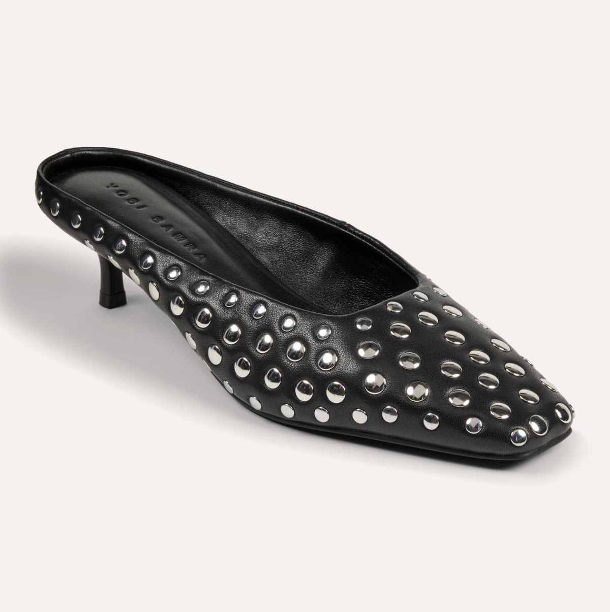 Yosi Samra Tribeca black leather shoe with a kitten heel on a white background