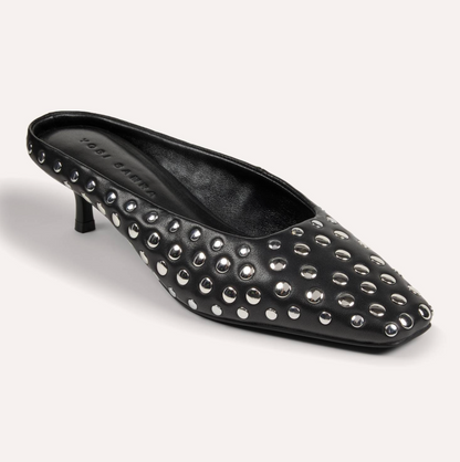 Yosi Samra Tribeca black leather shoe with a kitten heel on a white background