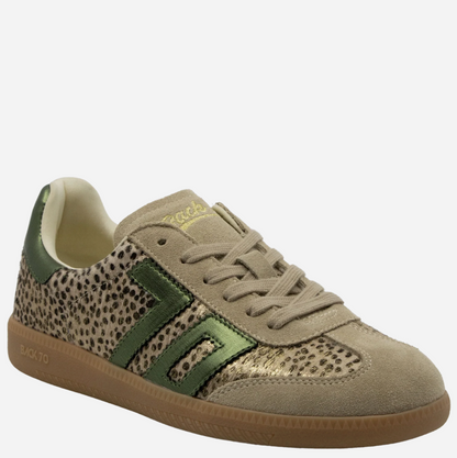 A low-top Back 70 sneaker featuring a beige and brown leopard print pattern, suede overlays in beige and olive green, a metallic gold 'Back 70' logo on the side, and a brown gum sole.