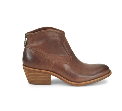 A Sofft Aisley brown leather ankle boot with a low block heel and side zipper, shown from a side profile on a white background.