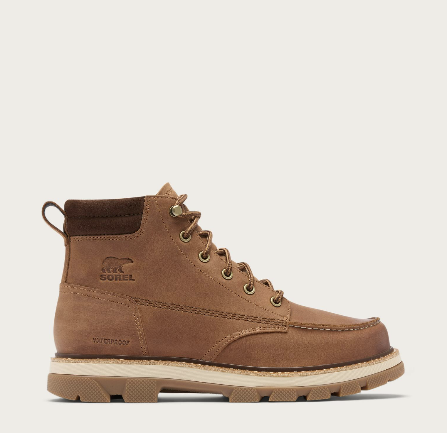 Sorel Lark‑47 men’s moc‑toe waterproof boot in velvet tan and tobacco with rugged traction outsole.