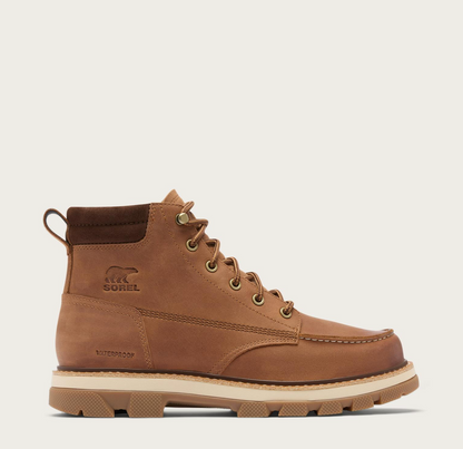 Sorel Lark‑47 men’s moc‑toe waterproof boot in velvet tan and tobacco with rugged traction outsole.