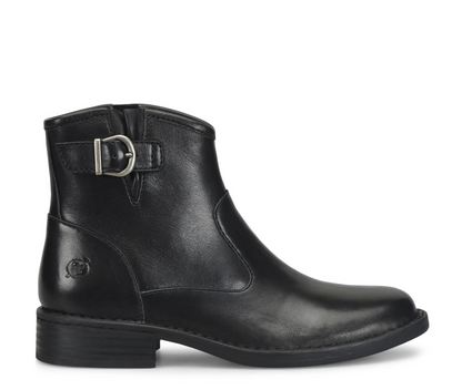A black leather Born Charlie ankle boot with a side buckle strap, shown in profile against a plain white background.