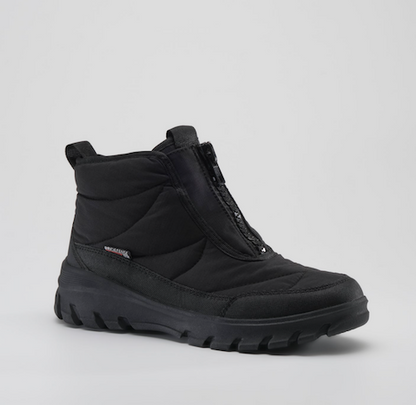 A Kamik Snowdon black mid-calf winter boot with a padded collar, side zipper, and rugged sole, photographed on a light gray studio background.