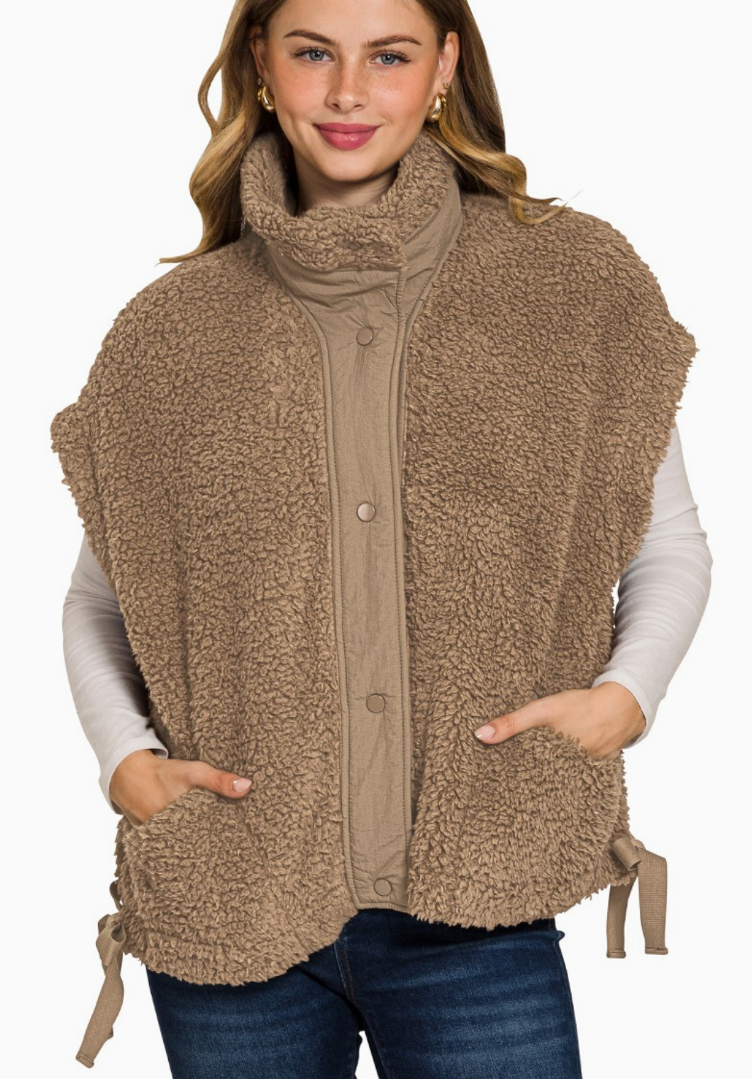 enana oversized faux‑fur vest in mocha  with plush high‑pile texture.