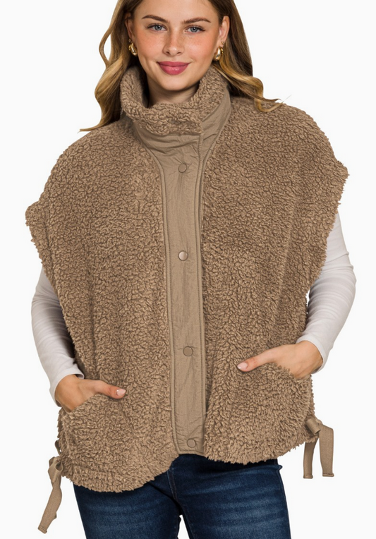 enana oversized faux‑fur vest in mocha  with plush high‑pile texture.
