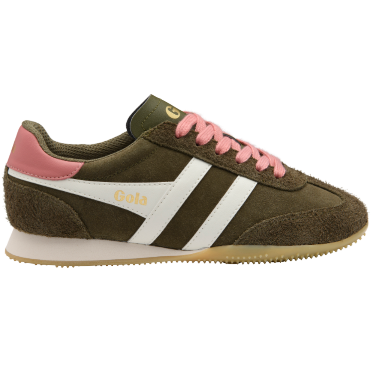 Gola Women’s Sprinter Suede Sneaker in khaki, off‑white, and coral with suede overlays and retro‑runner silhouette.
