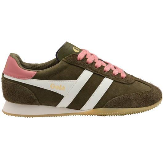Gola Women’s Sprinter Suede Sneaker in khaki, off‑white, and coral with suede overlays and retro‑runner silhouette.
