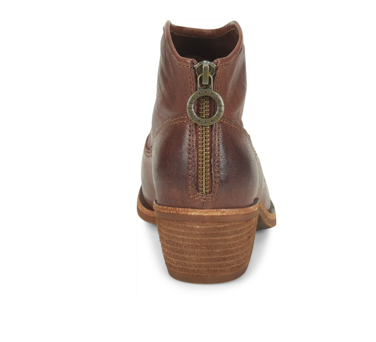 A Sofft Aisley brown leather ankle boot shown from the back, featuring a side zipper with a decorative circular metal pull and a stacked block heel, set against a plain white background.