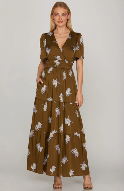 Floral Satin Print Tiered Maxi Dress
