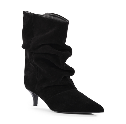 A single Seychelles One Love black suede ankle boot with a pointed toe and a short kitten heel, shown from a side profile on a clean white background.