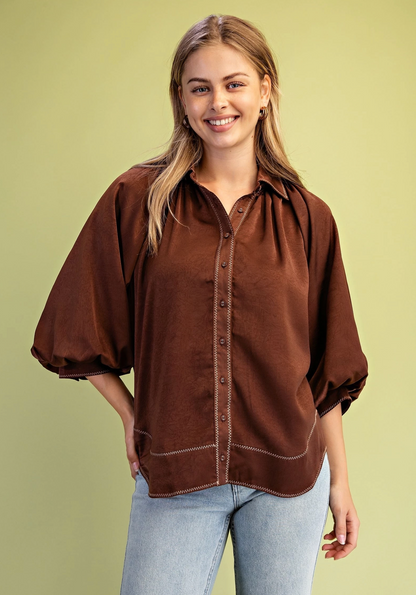 Satin Balloon Sleeve Blouse