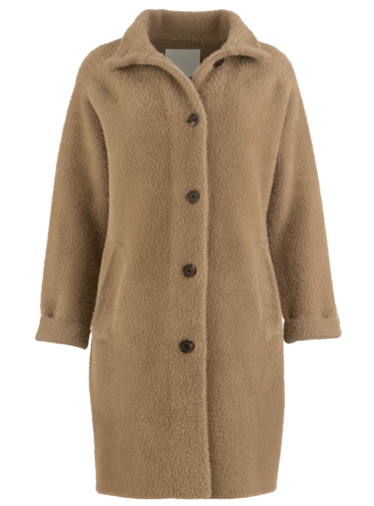 A Kut Blythe camel-colored sweater coat with a collar, front button closure, and front pockets, shown against a plain white background.