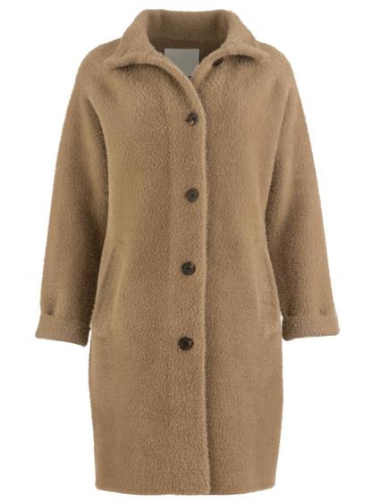 A Kut Blythe camel-colored sweater coat with a collar, front button closure, and front pockets, shown against a plain white background.