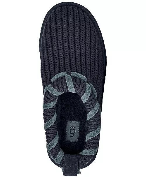 A single UGG  Tazz Whipstitch slip-on slipper shown from a top-down view, featuring a dark navy blue ribbed knit upper, a gray and navy twisted rope detail around the collar, and a black UGG logo patch on the inner sole.