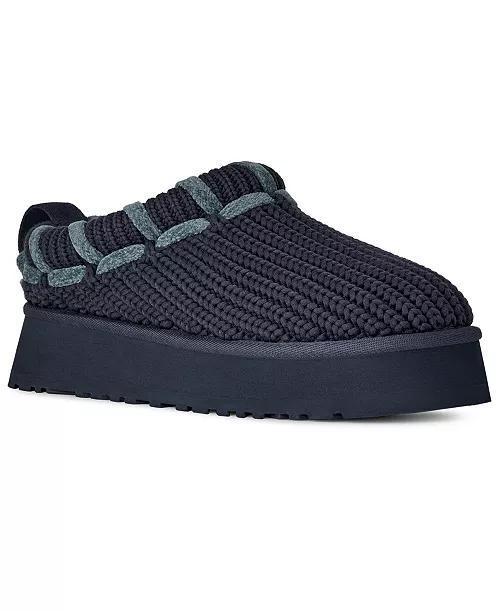 A single UGG Tazz Whipstitch slip-on knit slipper in a very dark navy blue, featuring a thick matching platform sole and contrasting textured knit details around the collar, shown on a plain white background.