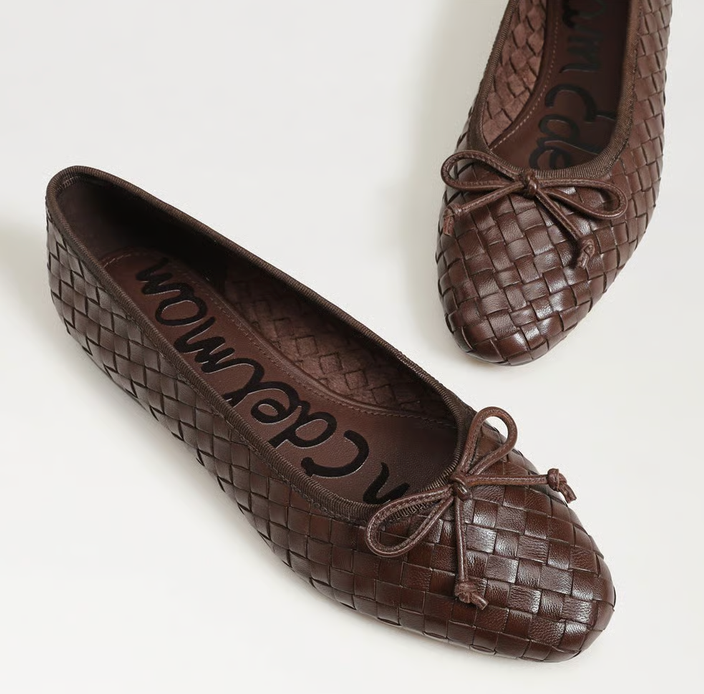 Sam Edelman Ruthie Woven Ballet Flat in brown  with two‑tone woven upper and rounded ballet silhouette.
