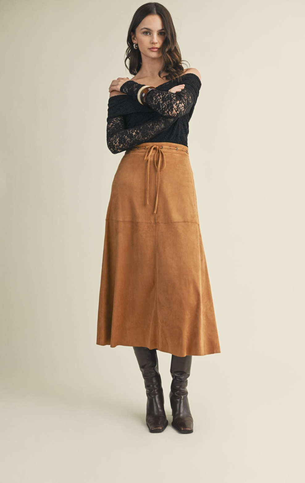 Mustard Seed faux‑suede A‑line skirt in beige or camel with soft texture and flattering silhouette.