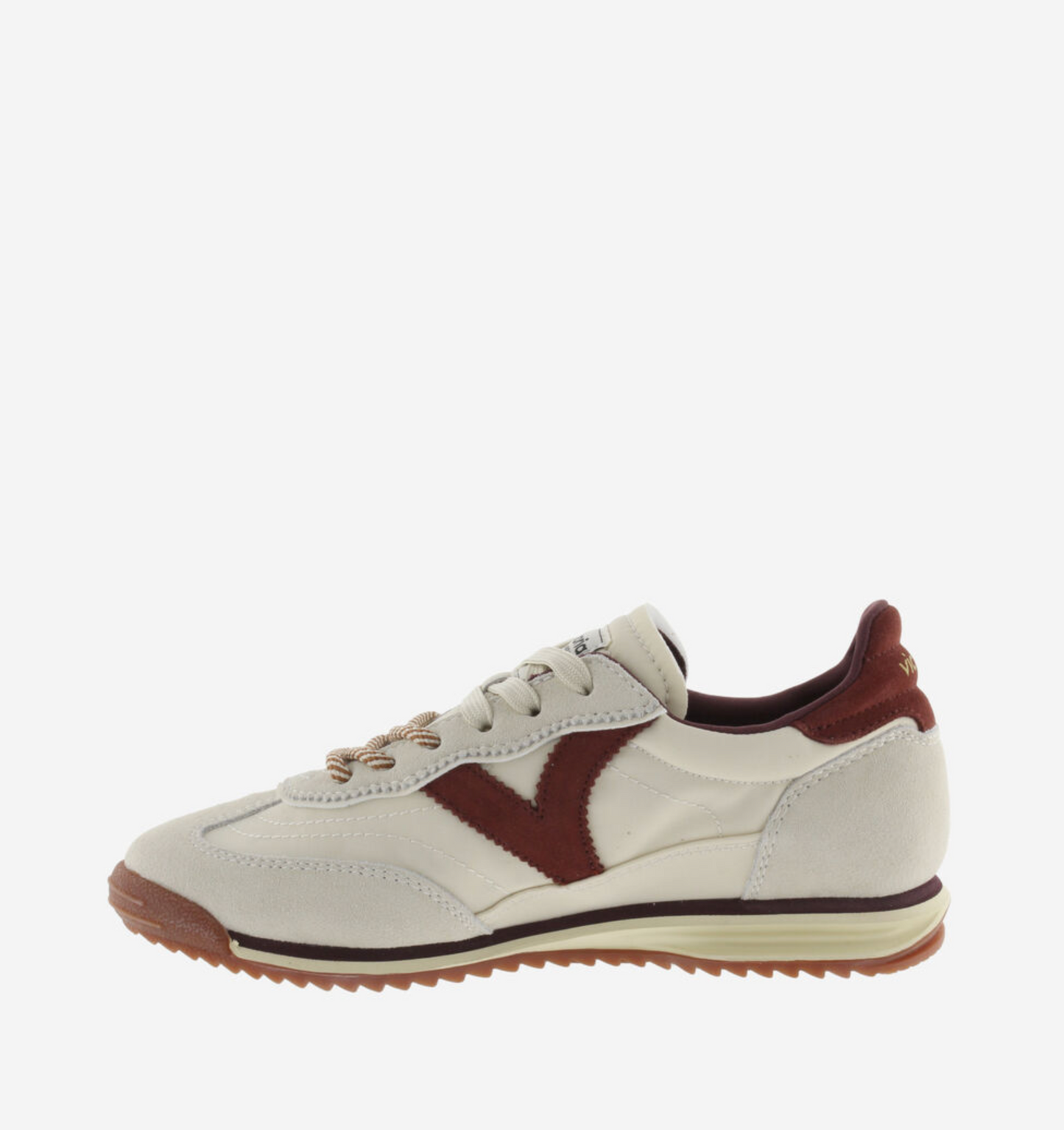 Victoria Saturno Sneaker in cream with nylon‑suede upper and retro runner silhouette.