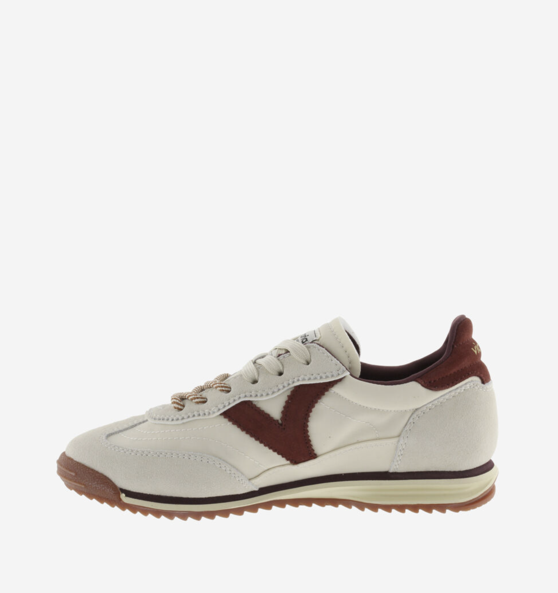 Victoria Saturno Sneaker in cream with nylon‑suede upper and retro runner silhouette.