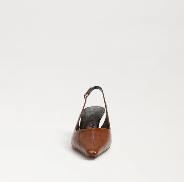 Sam Edelman Bianka Slingback Pump in brown with pointed toe and block heel.