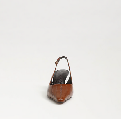 Sam Edelman Bianka Slingback Pump in brown with pointed toe and block heel.