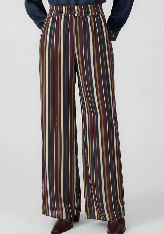 A person wearing high-waisted, wide-leg trousers with vertical stripes in brown, beige, cream, and dark green, paired with a navy top and brown shoes, shown from the waist down on a light gray studio background.