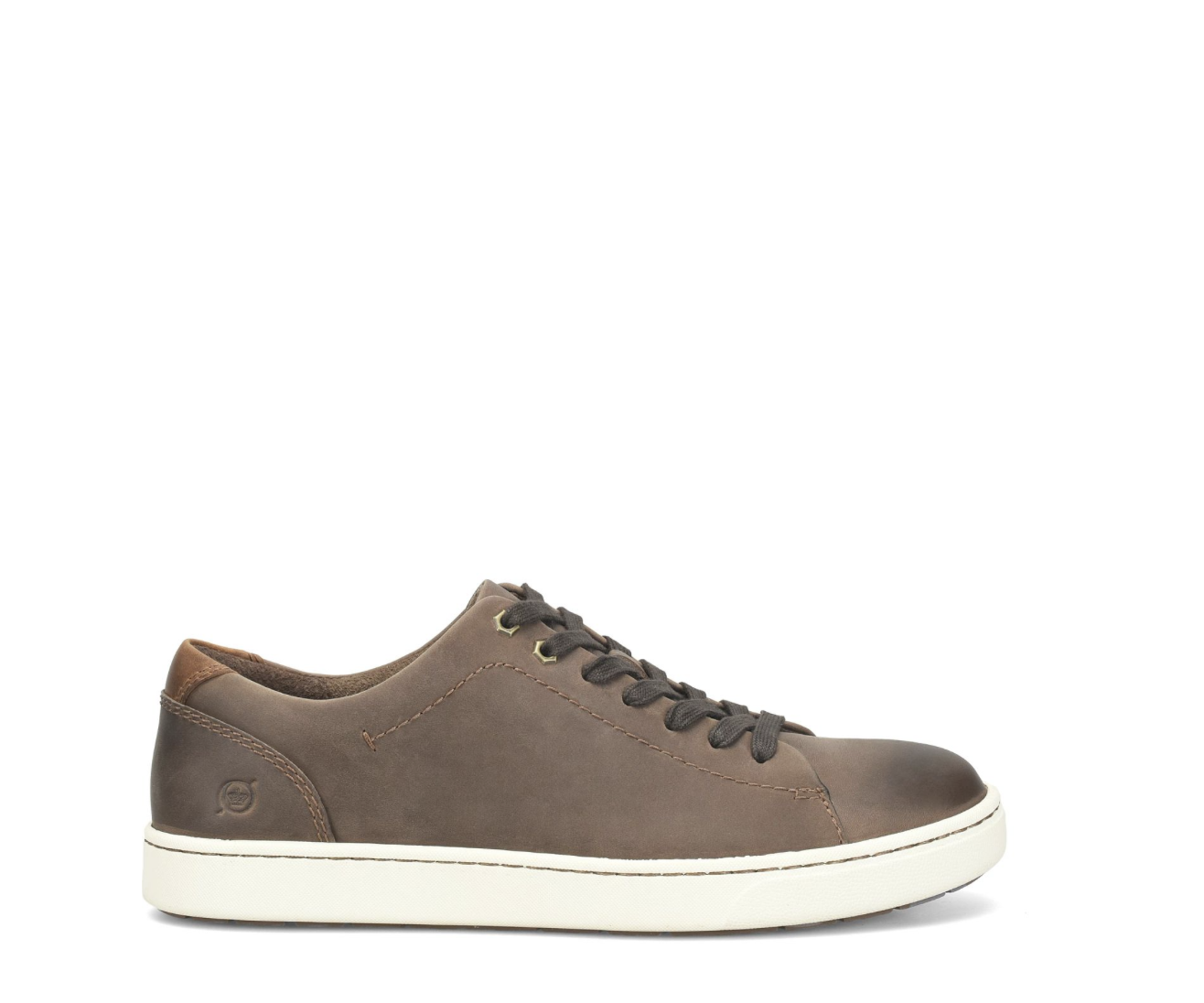 A single brown suede low-top sneaker with dark brown laces and a white sole, shown in a side profile on a white background.