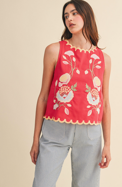Floral Embroidered Scalloped Tank