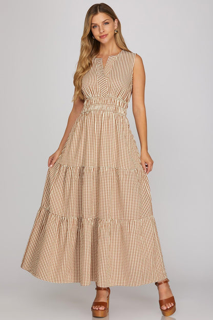 Sleeveless Woven Gingham Tiered Maxi Dress