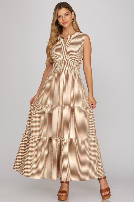 Sleeveless Woven Gingham Tiered Maxi Dress